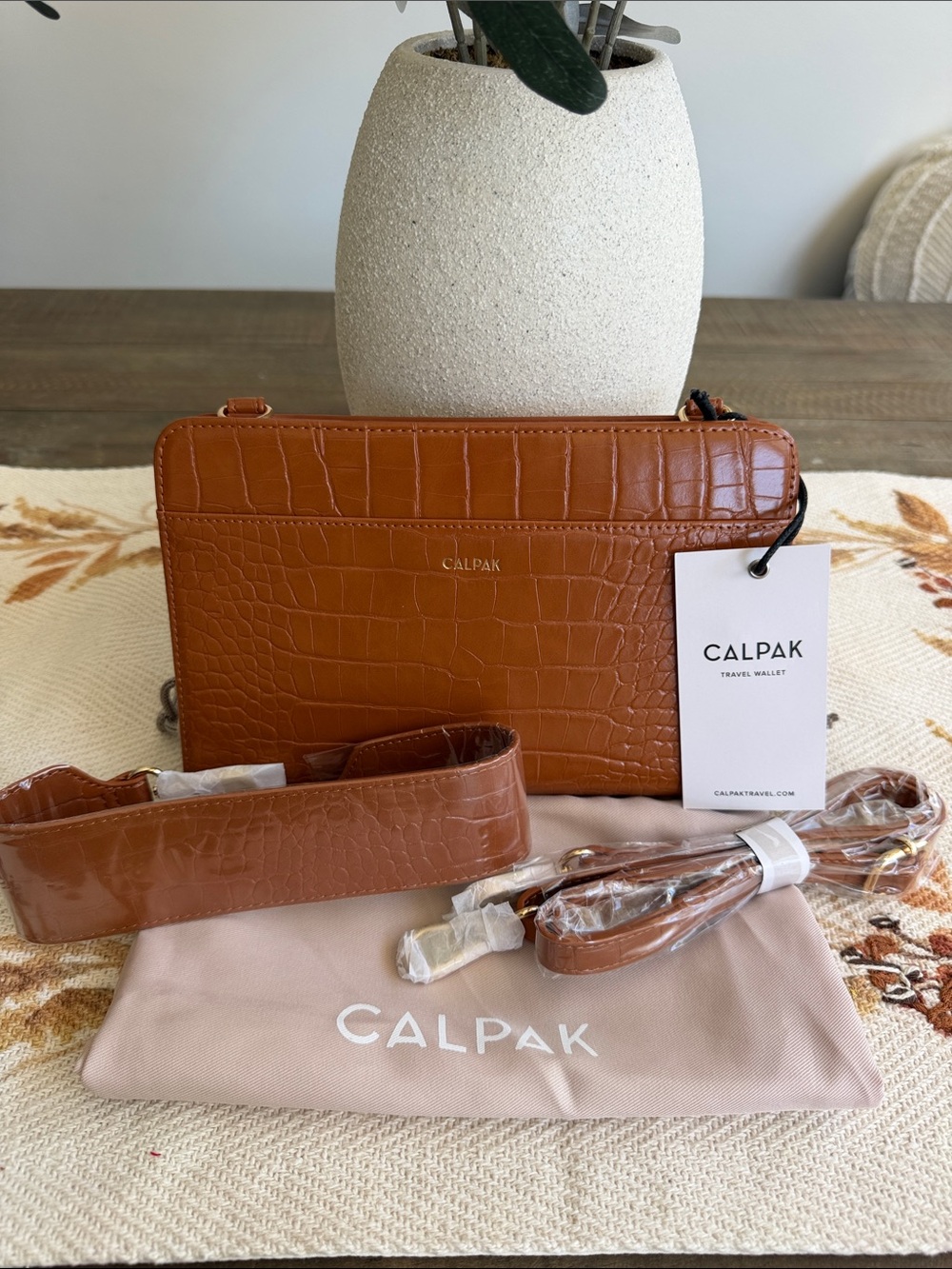 Calpak Tan Croc-Embossed Crossbody Travel Wallet